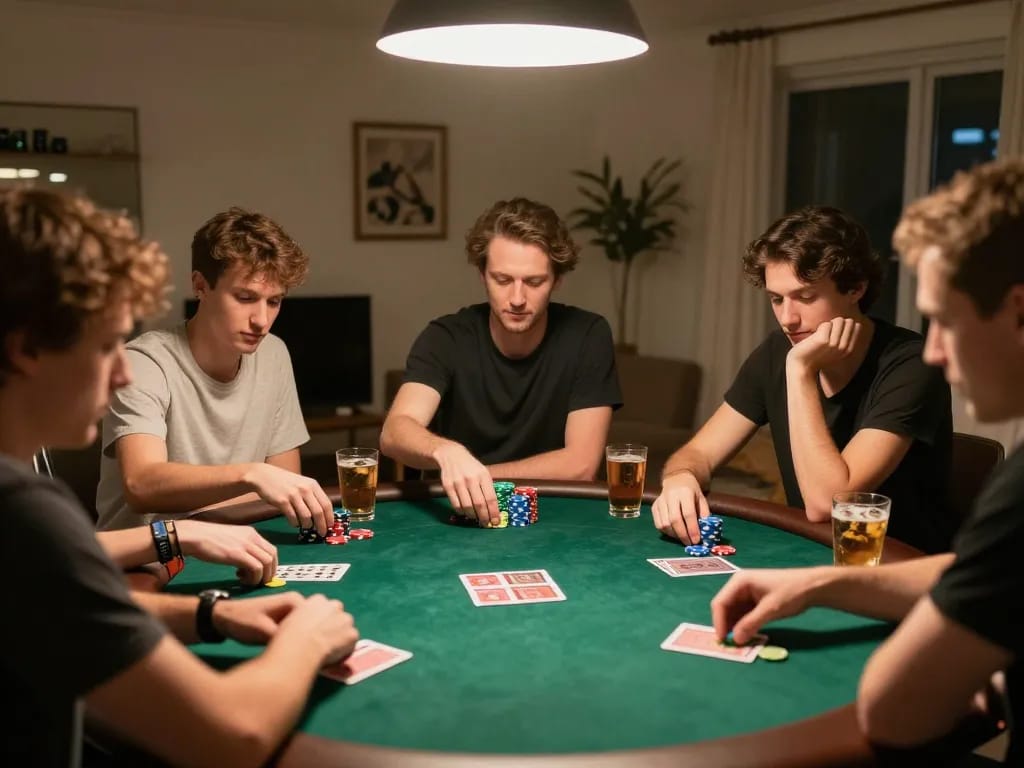 Friends playing poker at home with GI8 branding visible, showcasing social gambling dynamics.