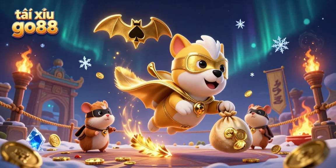 Engage with tài xỉu go88 as a superhero dog flies with gold coins in a dynamic casino scene.