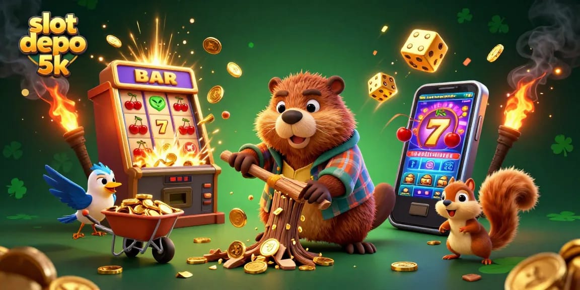 Spin and win with slot depo 5k in a vibrant casino-themed scene filled with excitement.