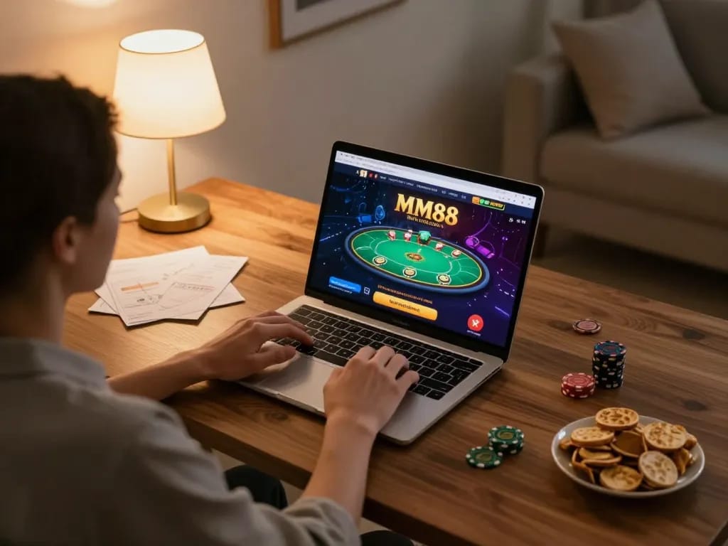 Engaging player enjoying MM88 online casino gaming on laptop with warm home ambiance.