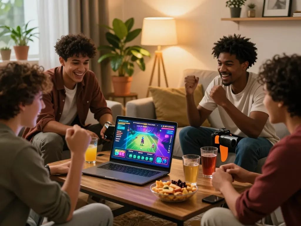 Friends enjoying sun win gaming session together in a cozy living room.