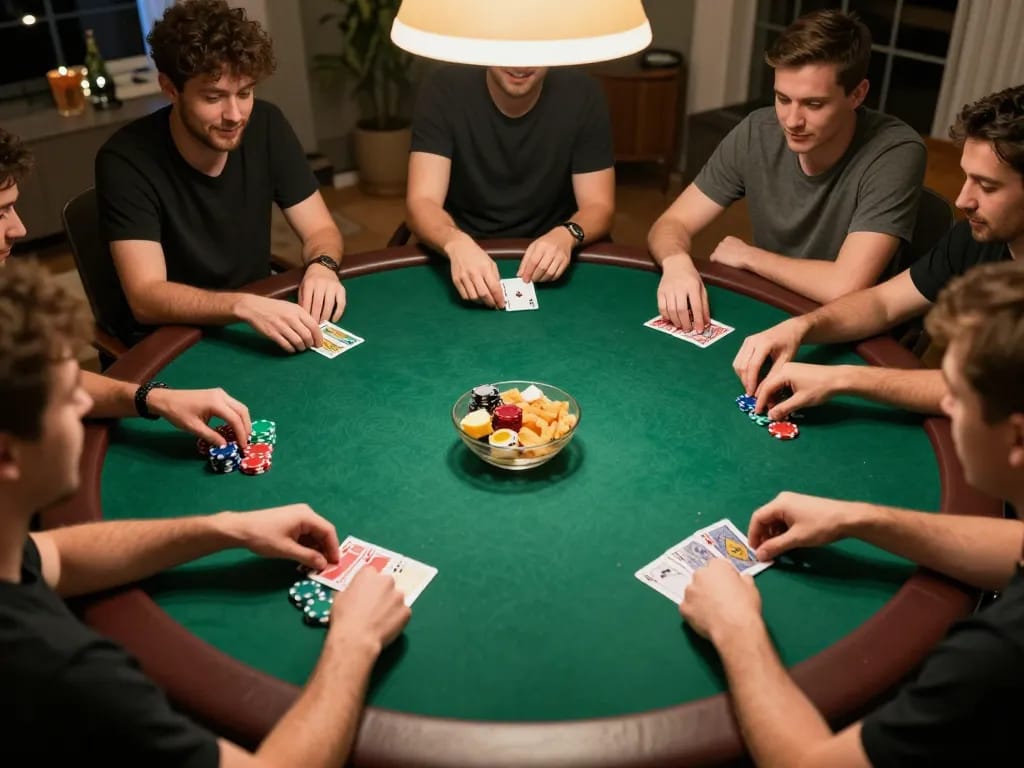 SIN88 poker night scene showing players in action with colorful chips and cards, enhancing strategic gameplay.