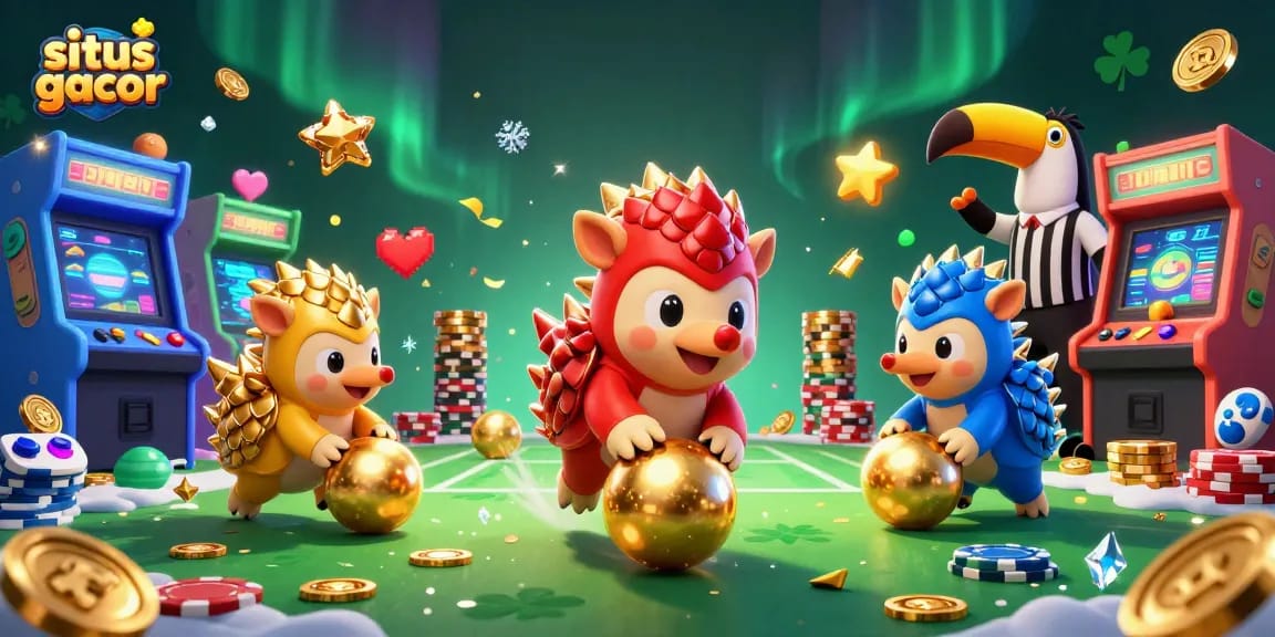 Experience situs gacor gameplay with pangolins rolling through poker chips in a vibrant casino scene.