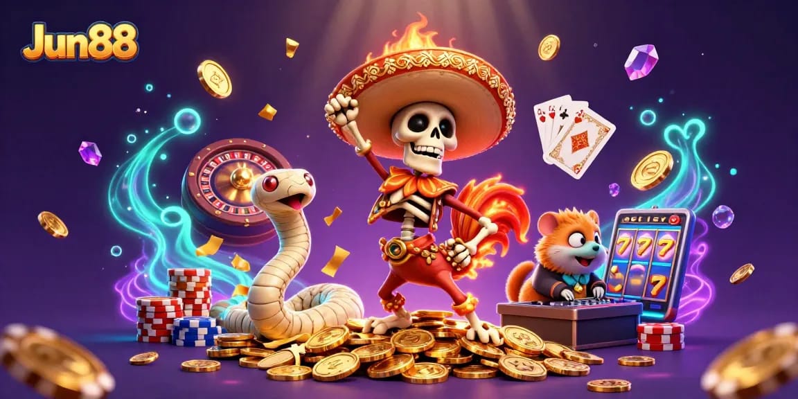 Jun88 showcases vibrant casino victory with dynamic characters dancing amidst golden coins and game elements.