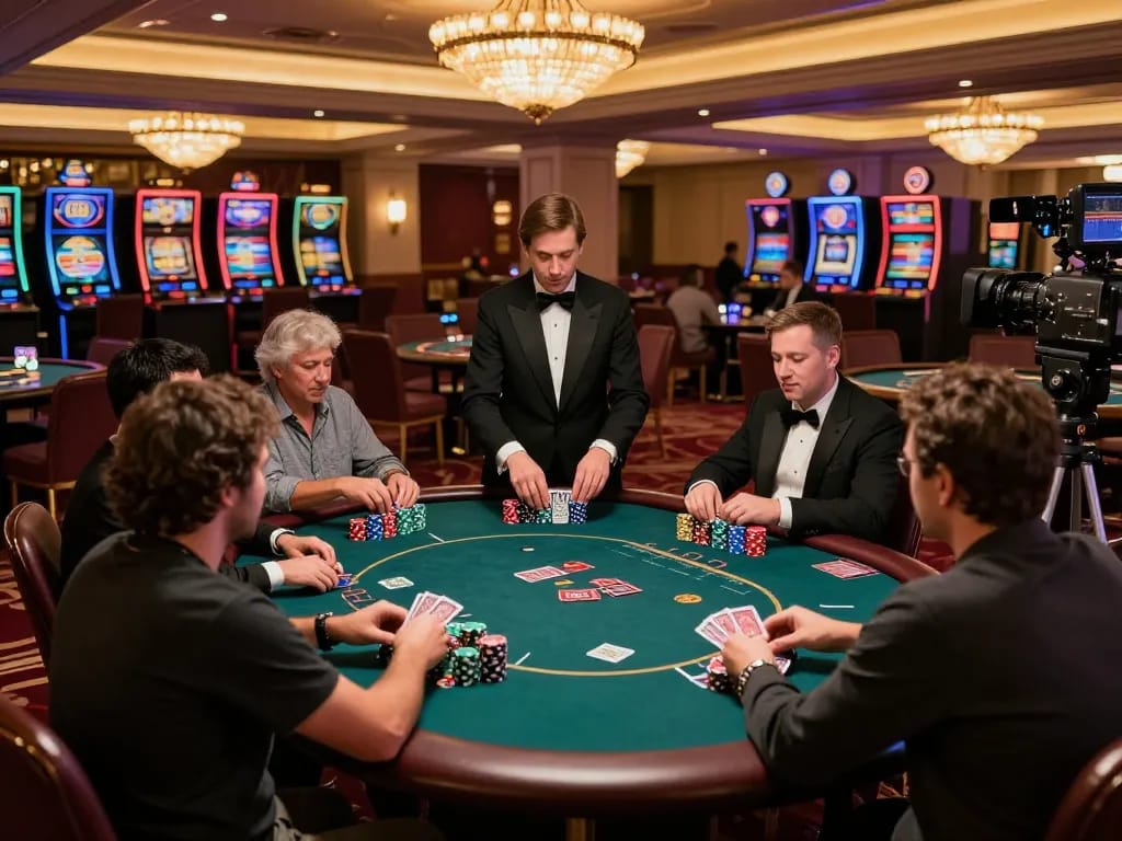 Players experiencing thrilling moments at LC88 poker table in luxury casino, celebrating wins.