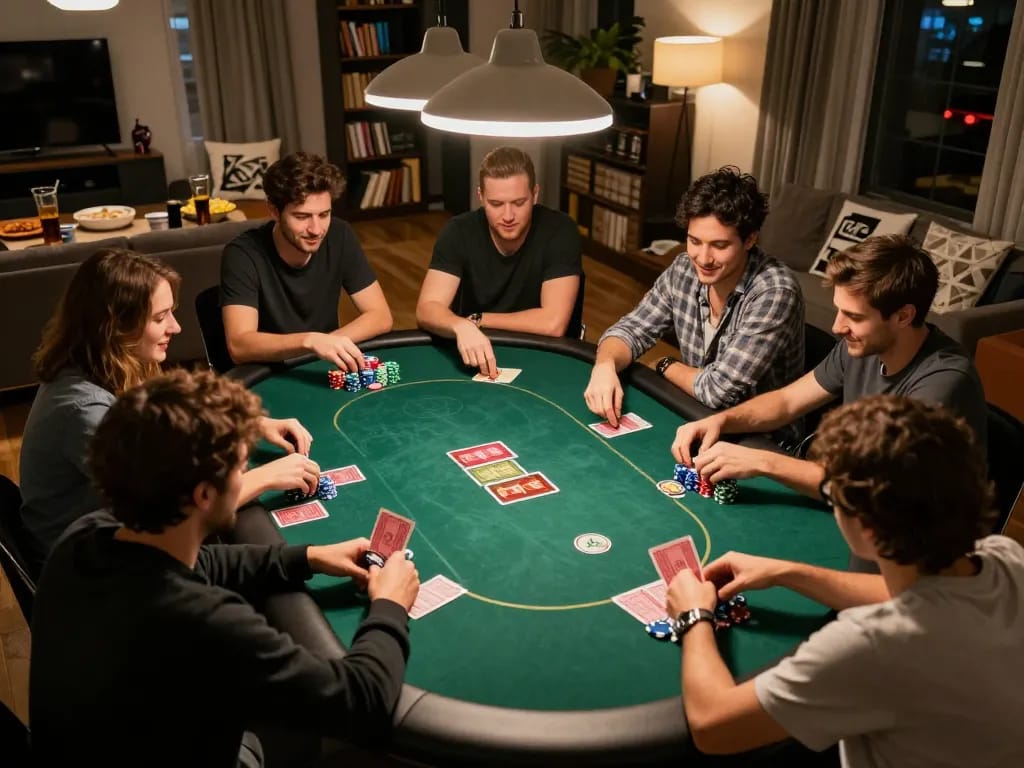 Friends enjoying a game of poker at home celebrating their wins with Jun88's dynamic atmosphere