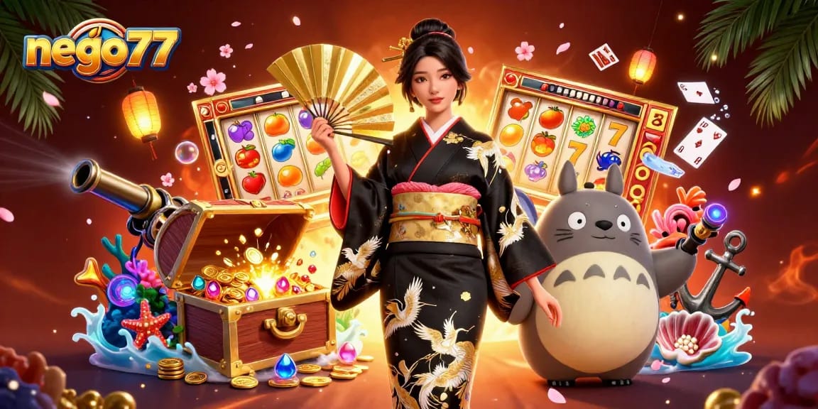 Engage with NEGO77's thrilling slot games, featuring rich visuals of jackpots and vibrant reels.