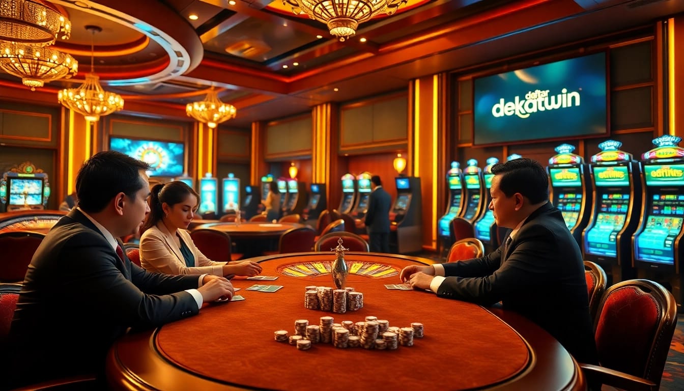 daftar nekatwin players enjoying a lively poker game at an elegant casino table.