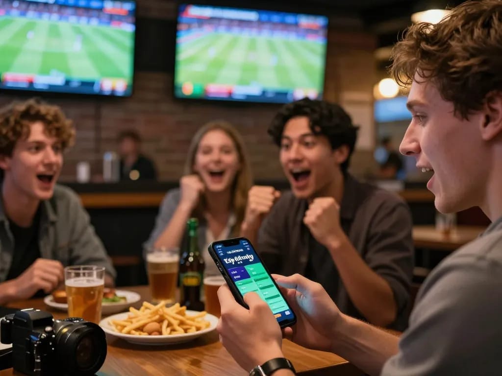 Check tỷ lệ kèo nhà cái hôm nay using a smartphone at an energetic sports betting bar.