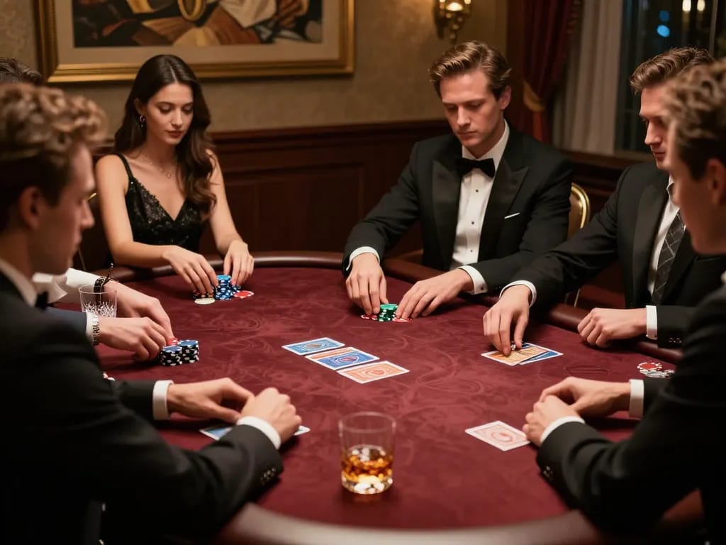 Players strategizing over a poker game at a luxury table, showcasing 33win gaming excitement.