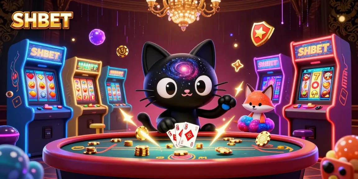 Experience thrilling gameplay at SHBET with a cosmic casino scene featuring a black hole cat and colorful game elements.