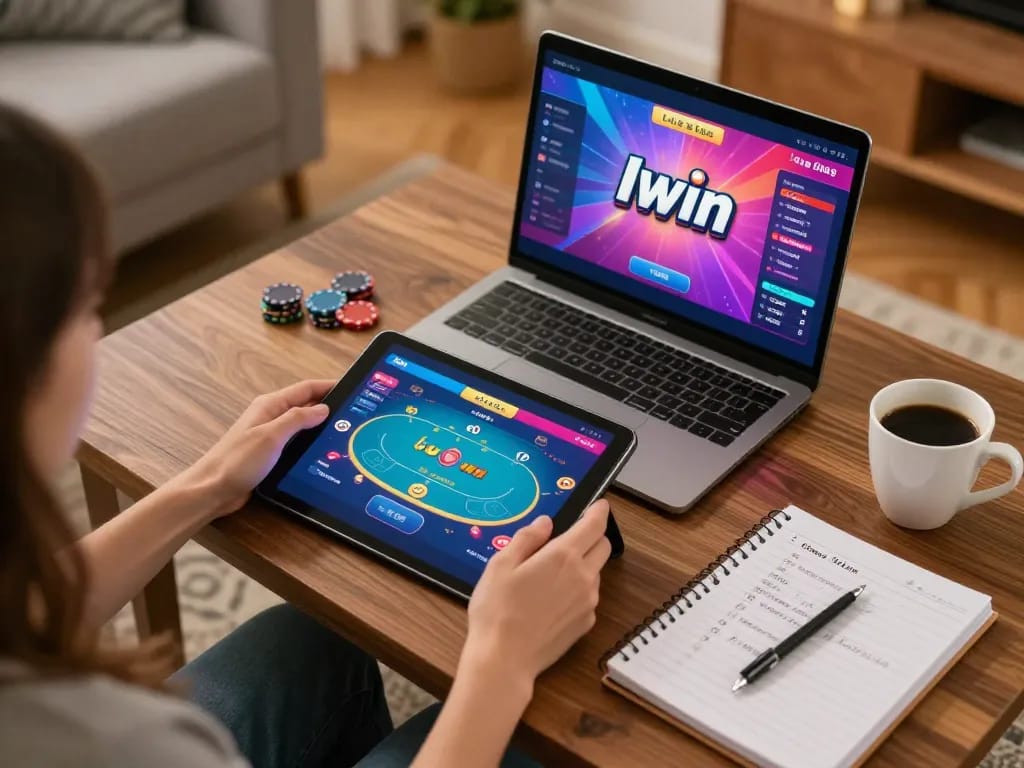 Engaging in online gambling at Iwin on a tablet, highlighting poker game strategy and home atmosphere
