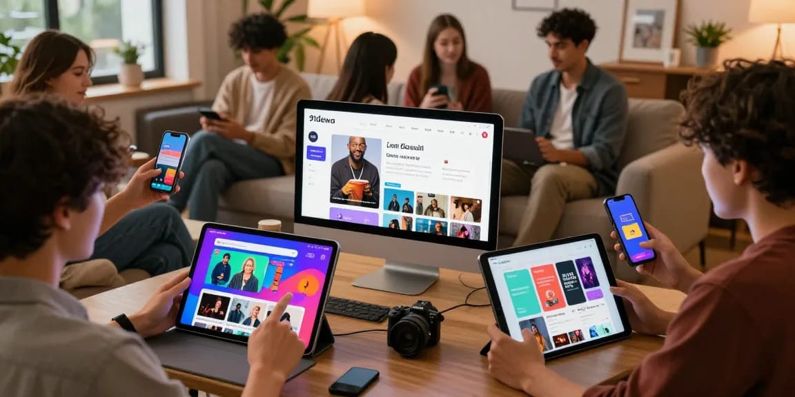 Pengguna menikmati konten digital di 91dewa dengan perangkat mobile dan tablet, suasana ceria.