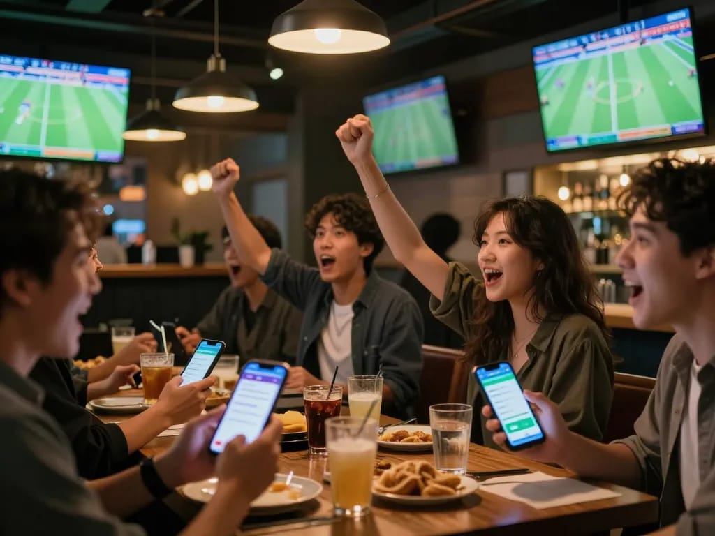 Kèo bóng đá betting excitement with spectators enjoying live matches at a sports bar.