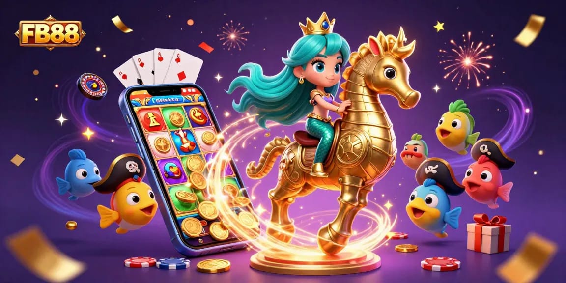 Experience the thrilling adventures at FB88 with a magical mermaid and casino-themed elements.