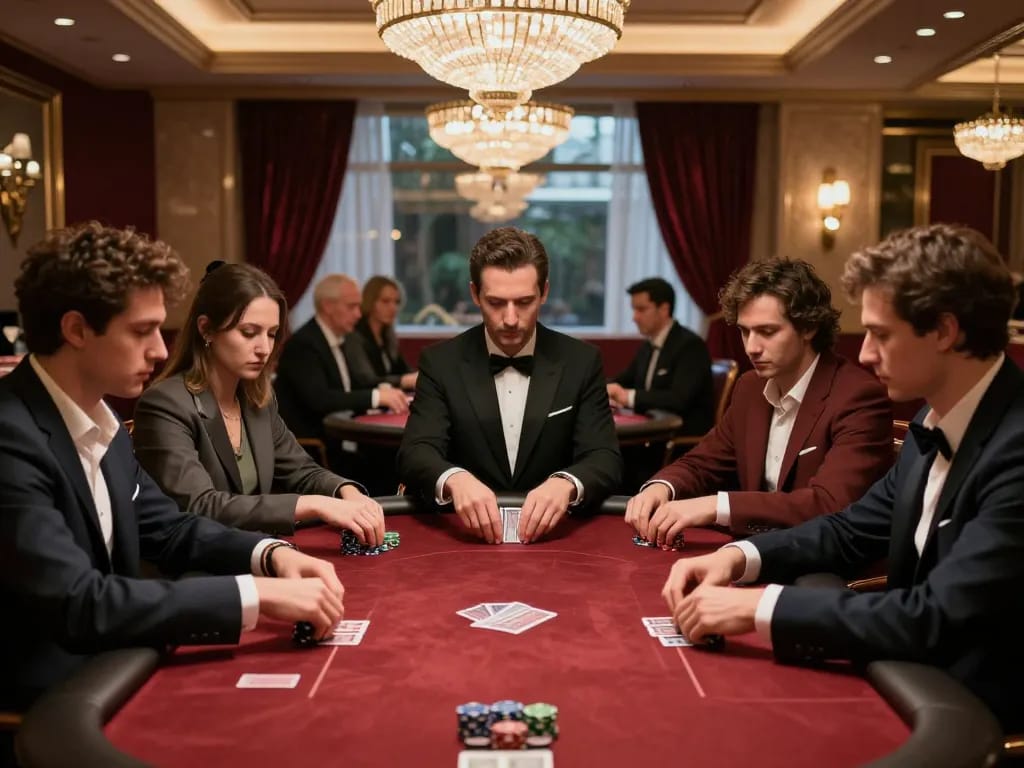 Engaging poker game at tg88 casino, players strategizing with cards and chips, elegant atmosphere