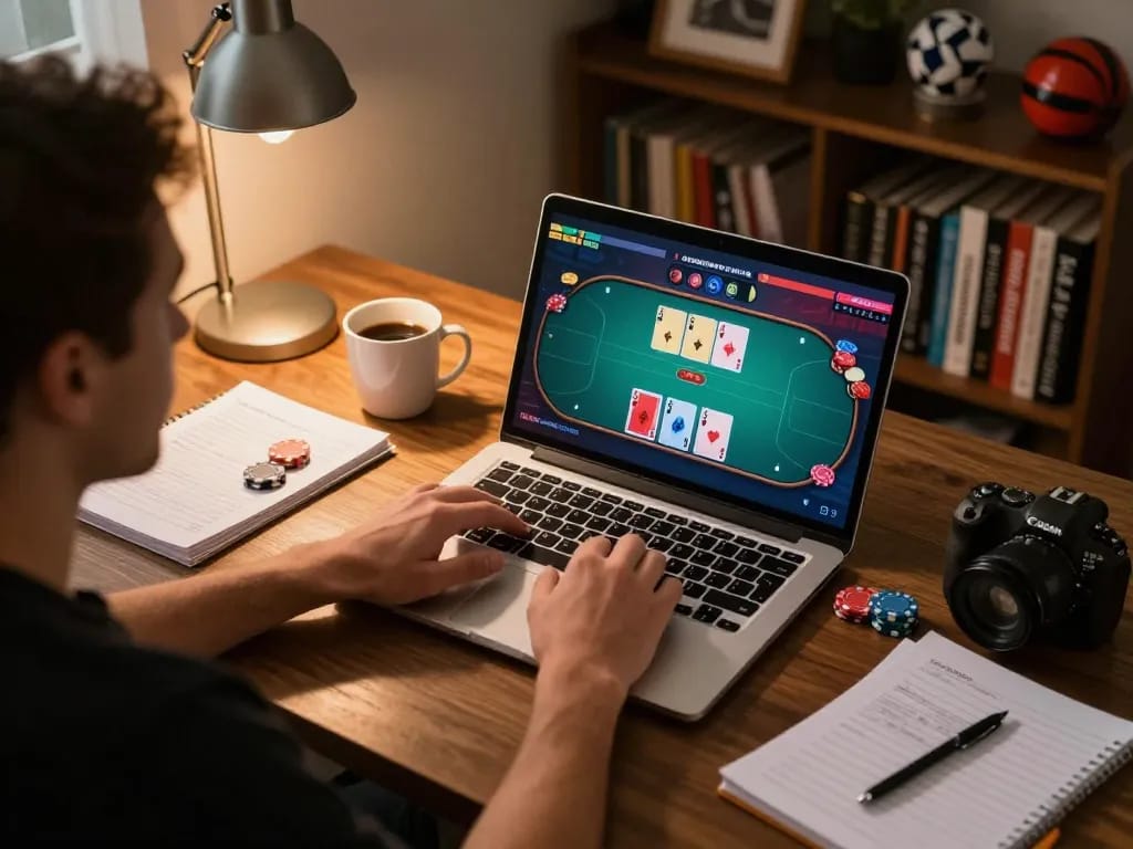 Player engaging in online poker on laptop, showcasing tg88 gaming strategy in a cozy home setting