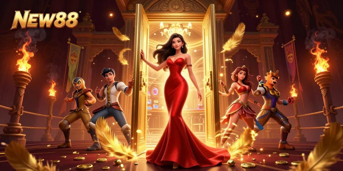 Engage in thrilling games at NEW88, featuring a vibrant VIP casino scene with Asian beauty.