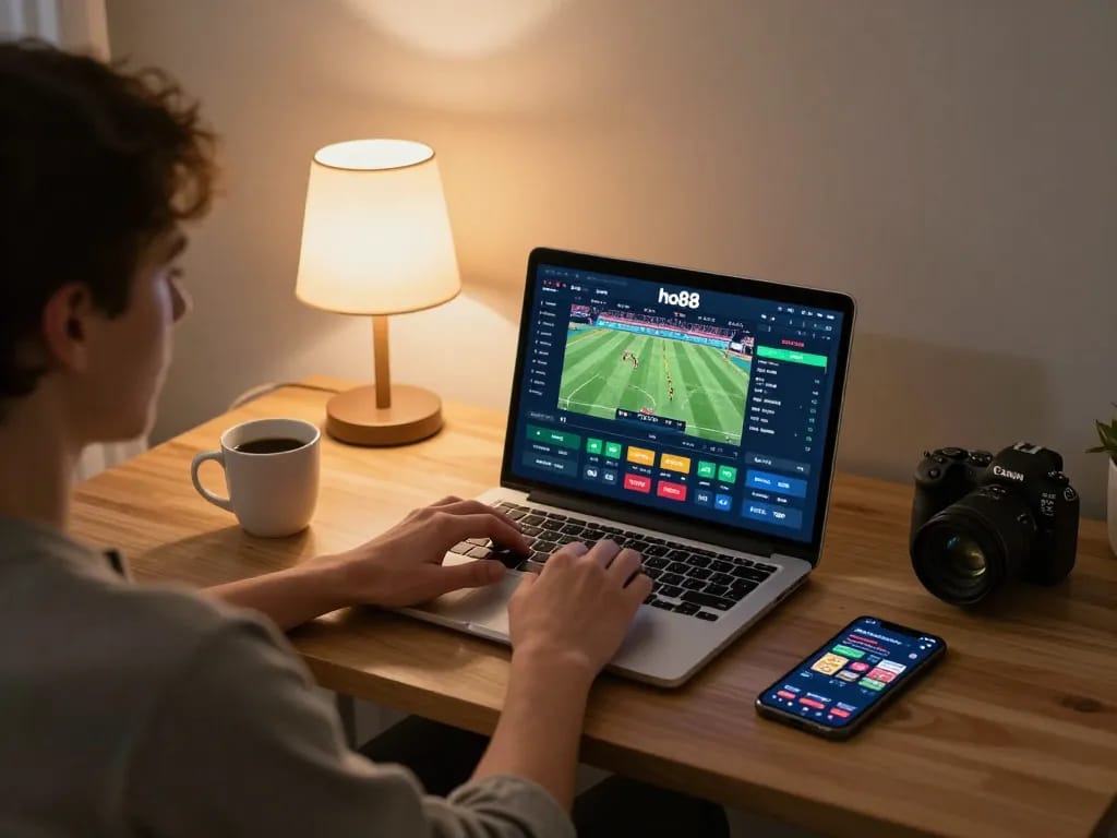 Person placing bets on ho88 sports events using a laptop in a cozy home setting