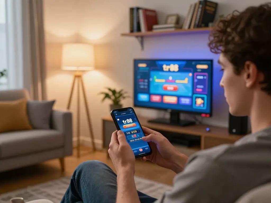 Engaging with tr88 casino app on smartphone in a cozy home setting
