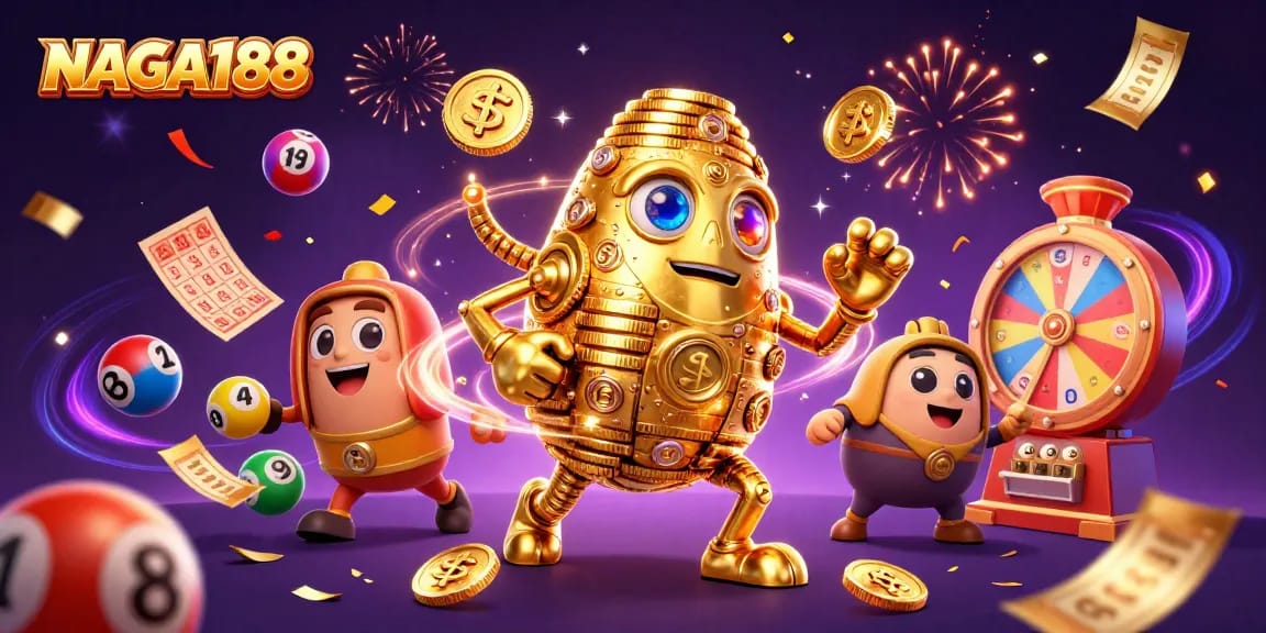 Menangkan peluang di NAGA188 dengan golem emas dan simbol mesin slot mengelilinginya.