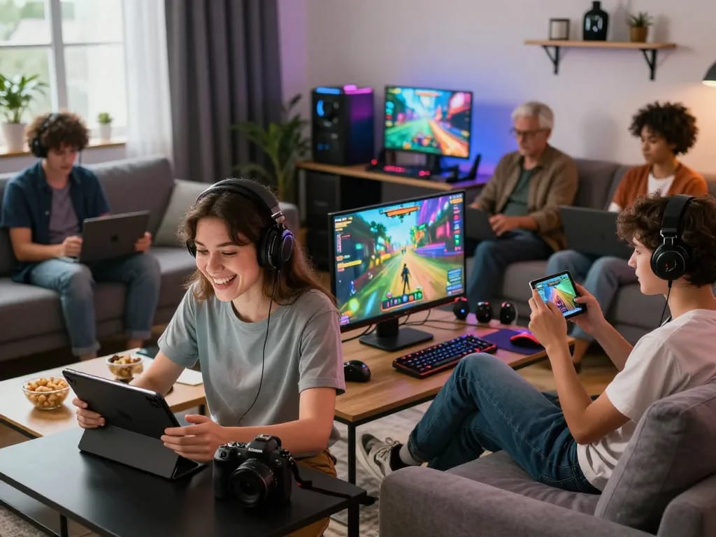 Players enjoying HITCLUB online gaming on various devices in a cozy living room.