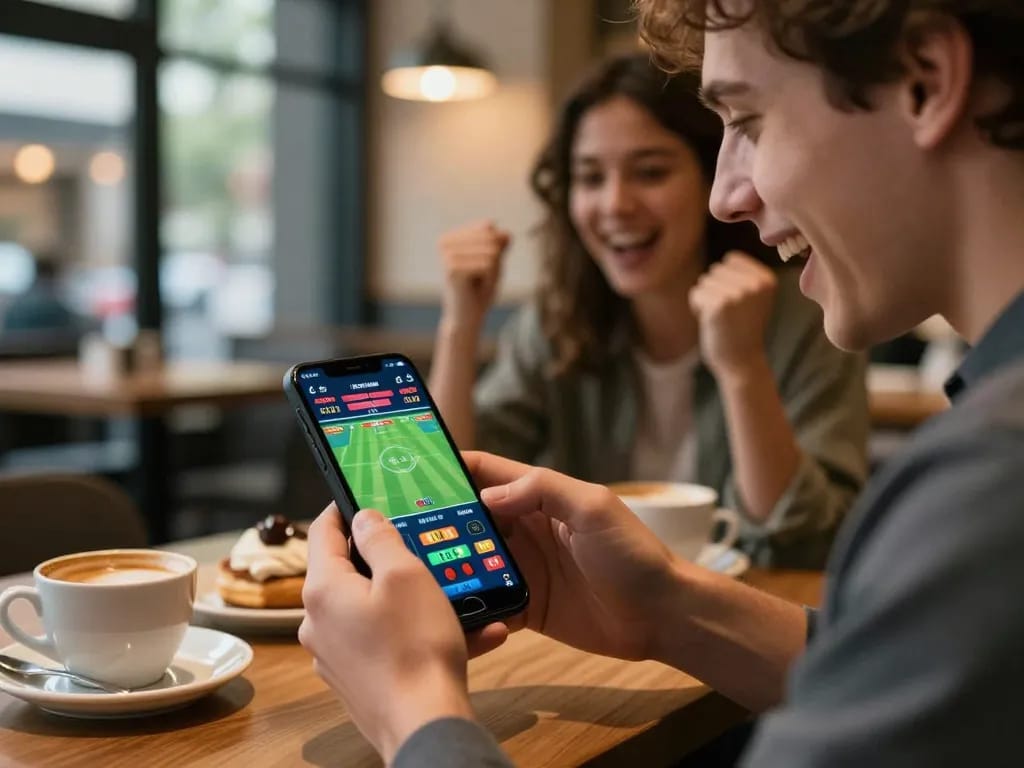 Player using their smartphone for peri11 sports betting in a vibrant café, showcasing live odds.