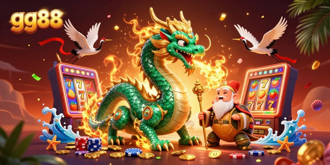 Experience the excitement of gg88 as the jade dragon breathes golden fire amidst slot machines and vibrant casino elements.
