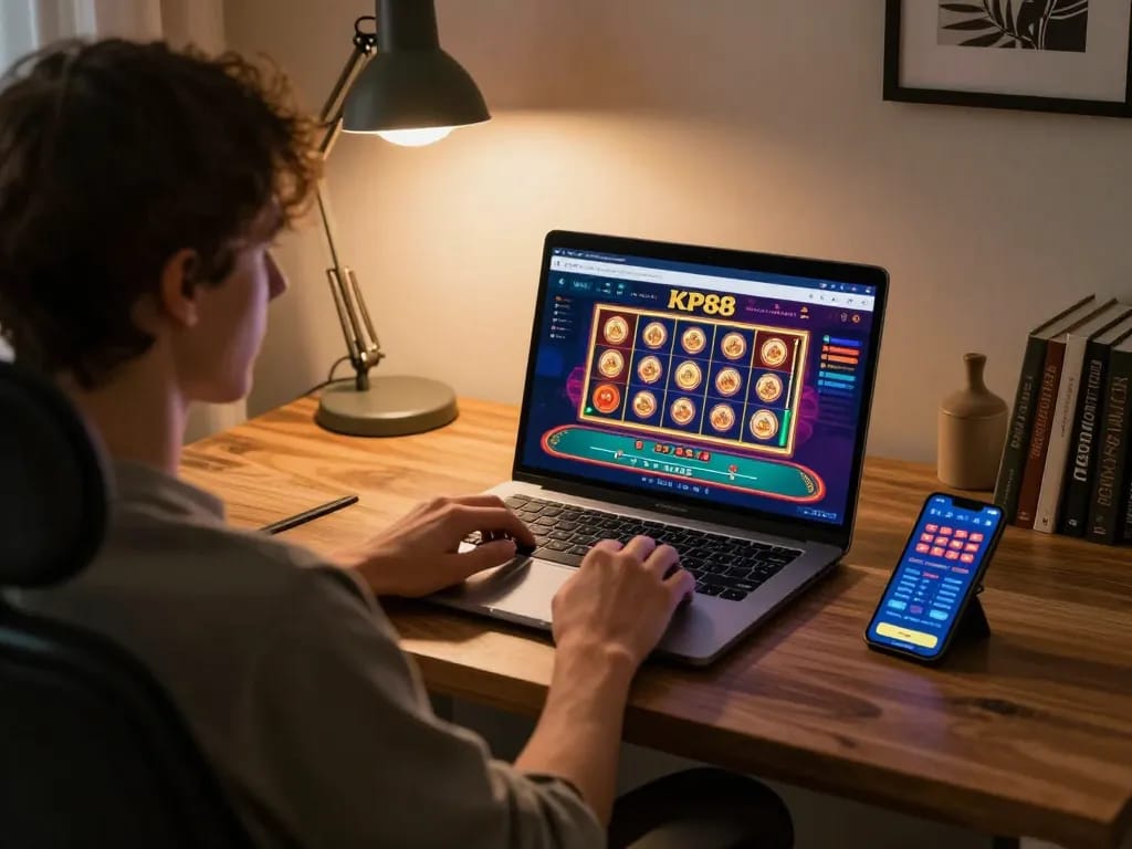 Player engaging with KP88 betting app, showing immersive online gaming experience at home