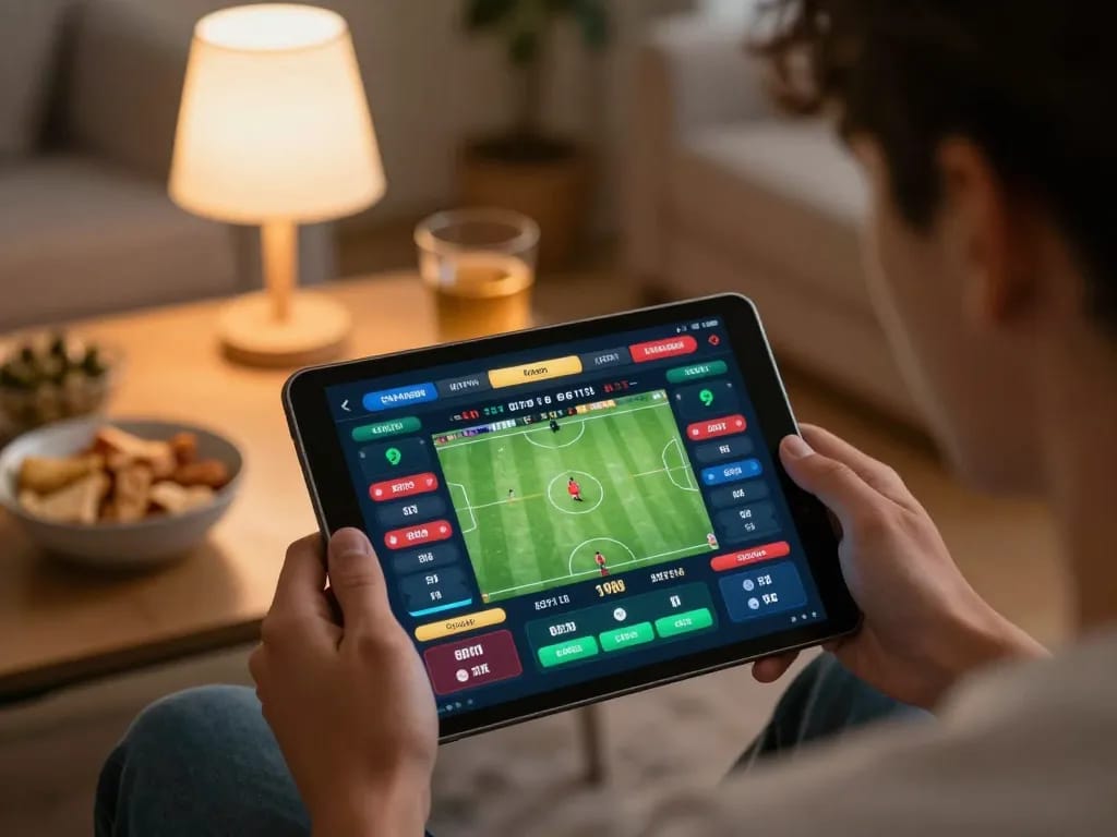 Engaging action of placing bets at soc88 while relaxing at home with a tablet.