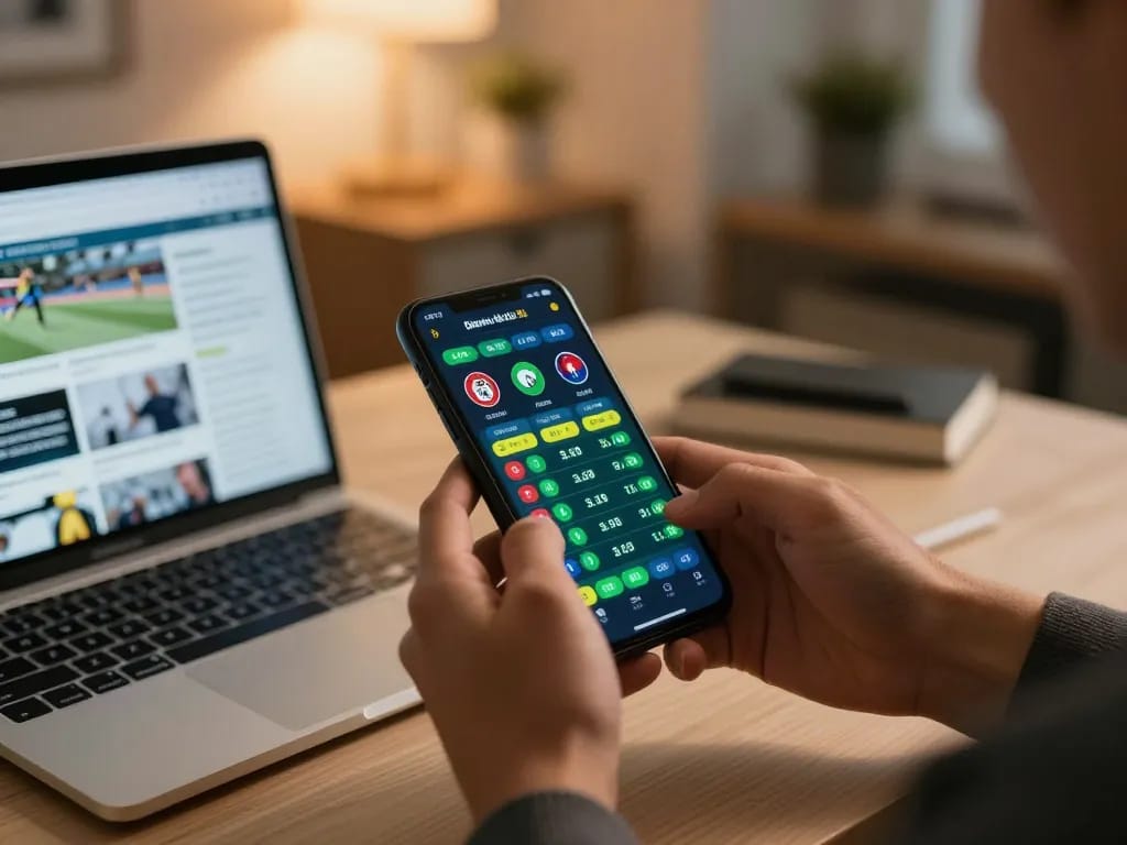HM88 sports betting action on smartphone amidst a modern home office setup, showcasing betting odds and excitement.