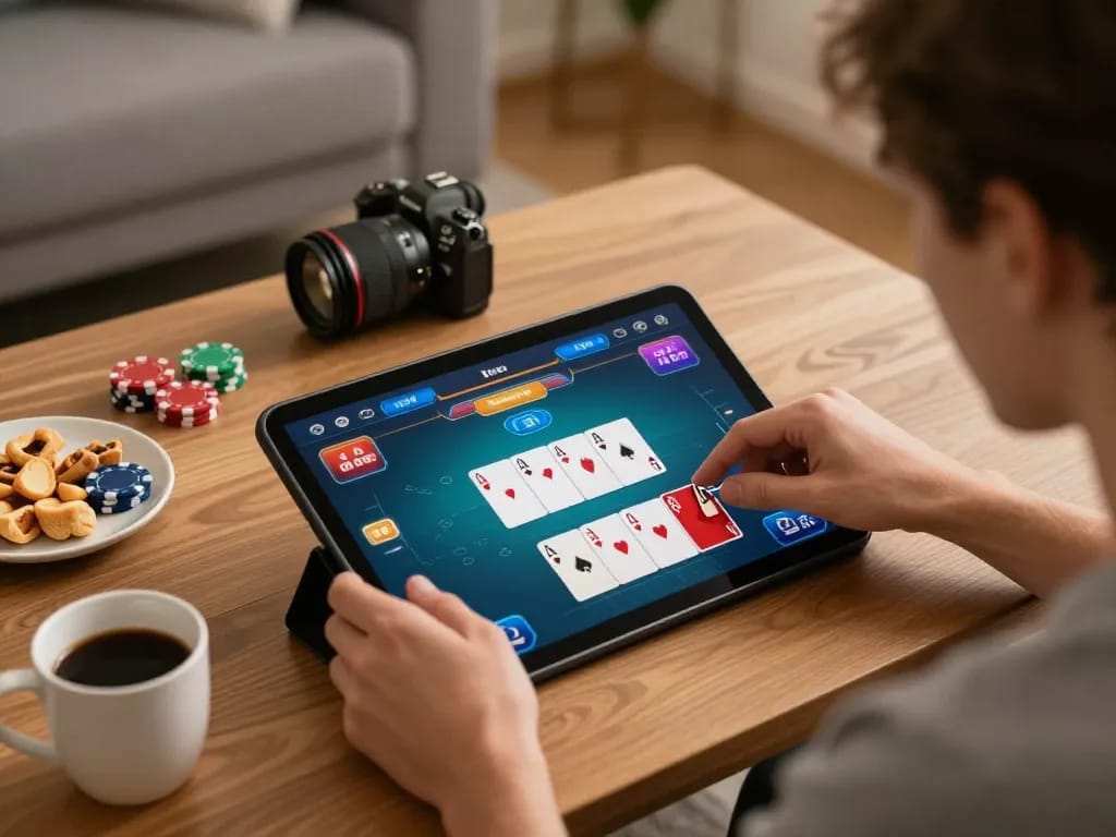 Player enjoying jun88 online poker on a tablet in a cozy living room setting.