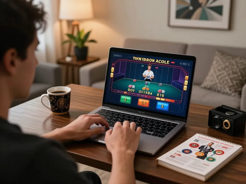 Player enjoying a live dealer blackjack game on a laptop at home, highlighting CM88 strategies.
