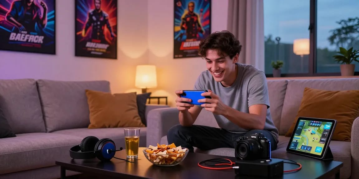 Engaged player enjoying 3 Patti Blue mobile game with vibrant gaming decor in cozy setting; Click here for fun.