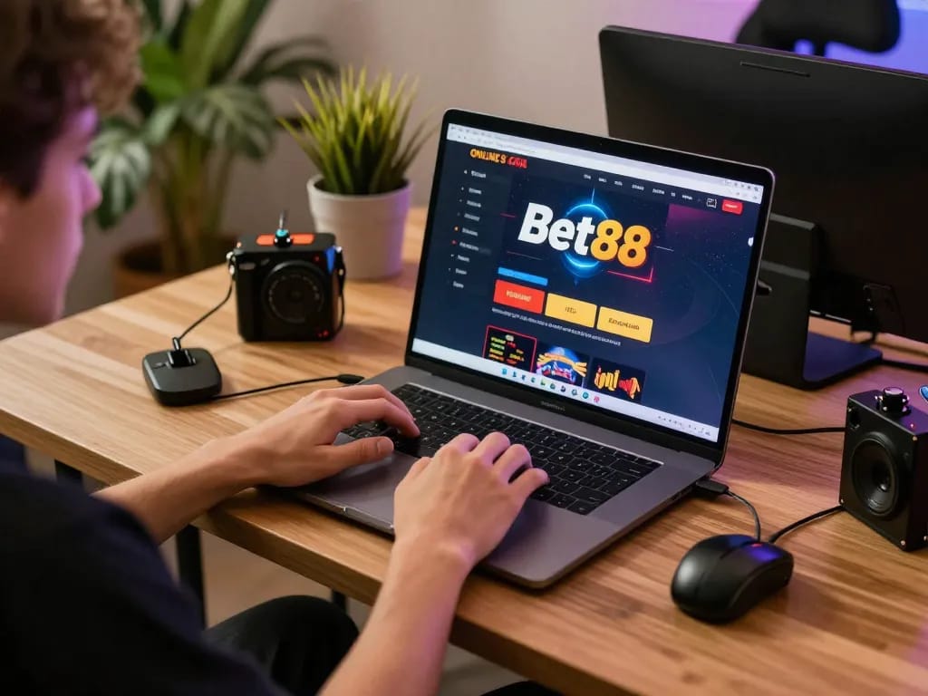 Engaging with Bet88 online casino through a laptop in a cozy home setting, showcasing the excitement of virtual gaming.