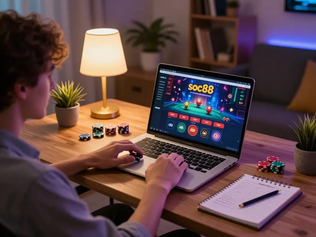Engage in online gambling with soc88 platform at a stylish home gaming setup featuring laptop and betting notes.