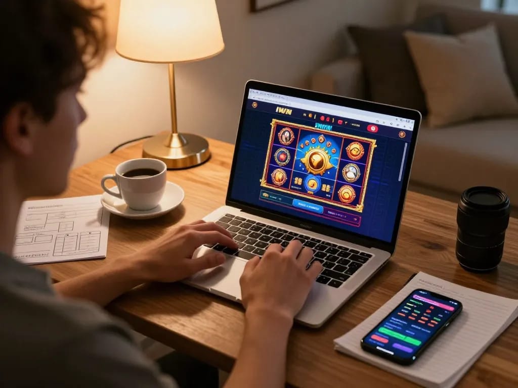 IWIN player enjoying online slots on laptop, cozy home gaming setup with strategy notes.