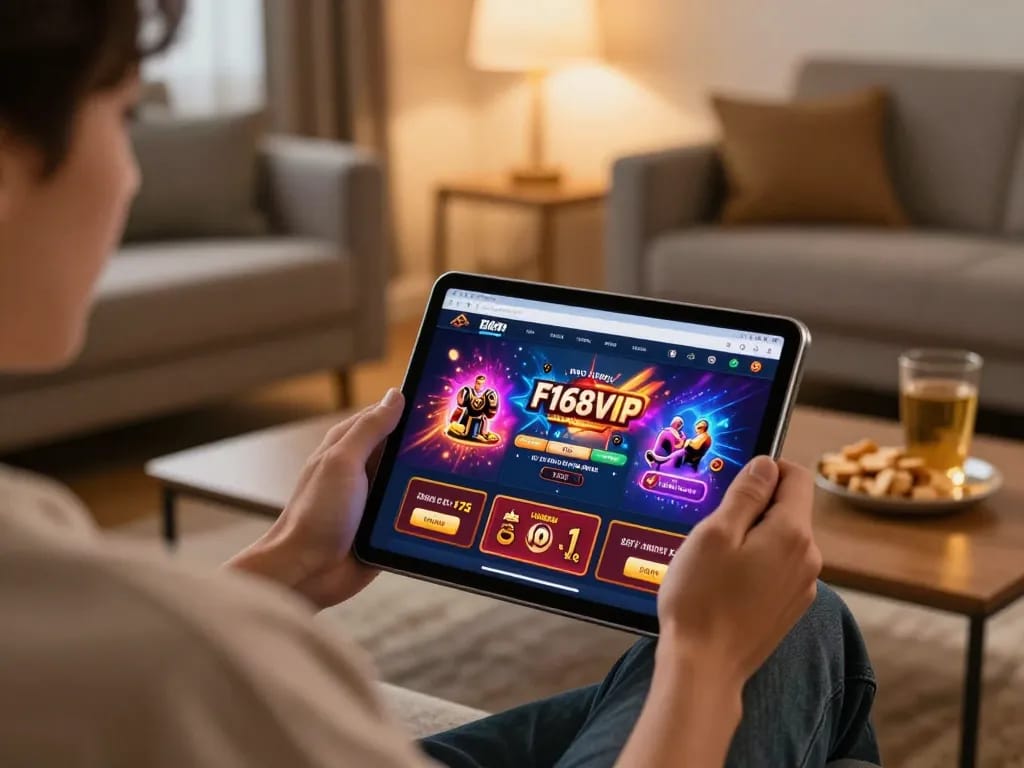 Engaging with F168VIP mobile casino app in a cozy home setting, blending entertainment and strategy.