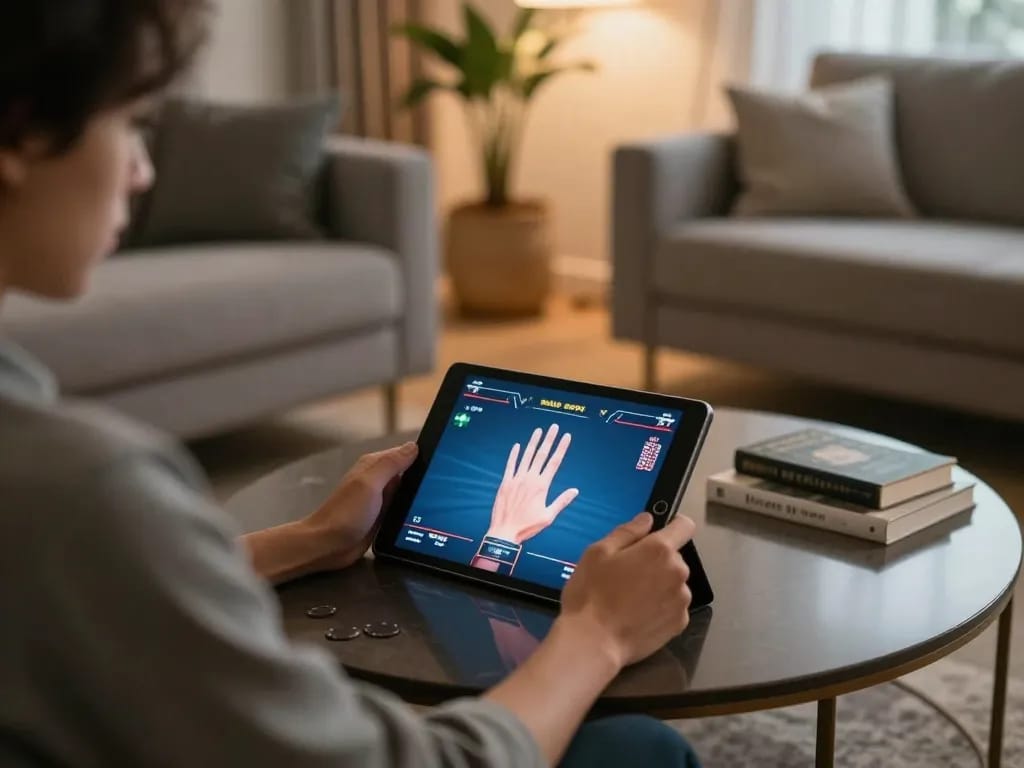 https://dola88vn.com/ player enjoying a winning moment while playing poker online on a tablet in a cozy home setting