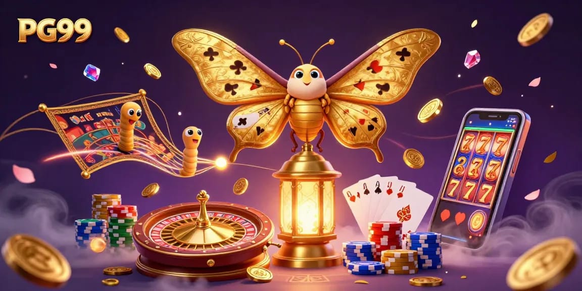 Experience vibrant casino excitement with PG99, featuring stunning moths, golden coins, and jackpot thrills.