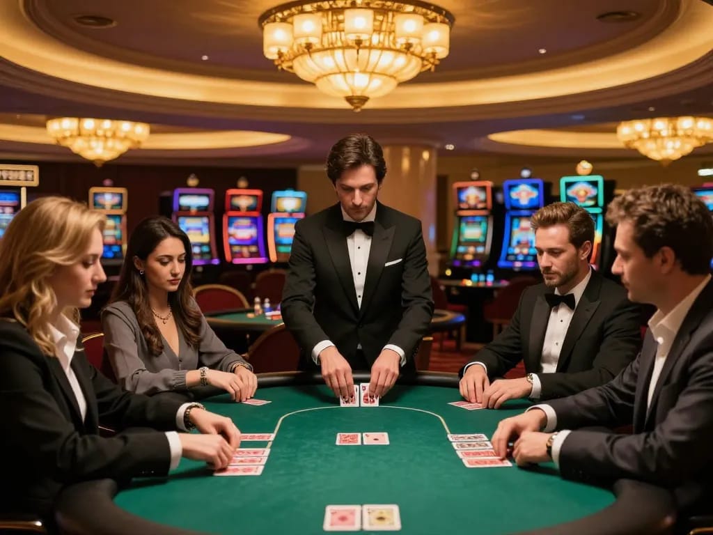Players enjoy an exciting poker game at 79club, highlighting the vibrant casino atmosphere