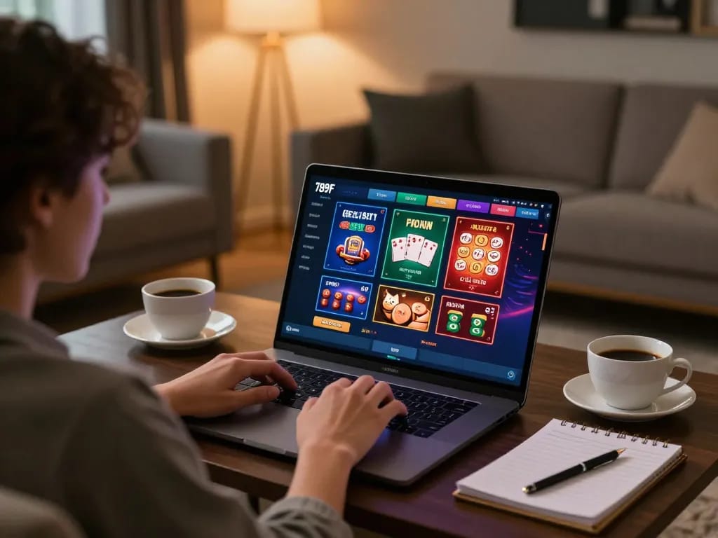 Engaging scene of 789F đăng nhập on a laptop, highlighting a cozy home gaming environment for online casino enthusiasts.
