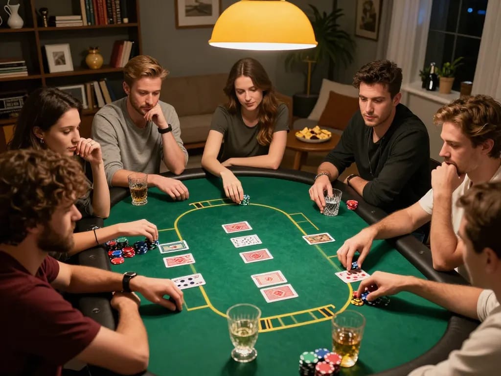 Friends experiencing a lively poker game at home with vaobet branded chips, focused on strategy and fun.