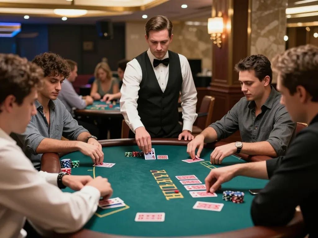 Incakoin players strategizing in a lively blackjack game at a luxurious casino table.