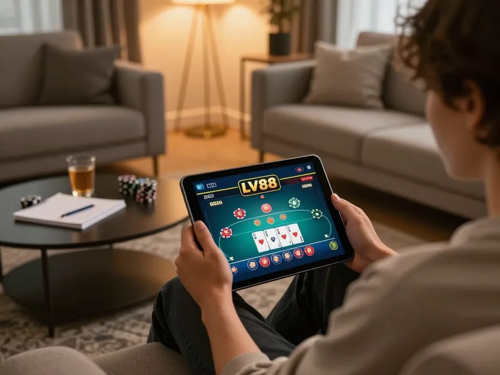 Engaging online poker session on LV88, showcasing player's tablet with game interface and strategy notes.