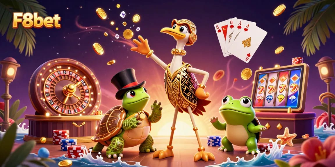 Experience F8bet's vibrant games with a lively scene featuring dynamic casino elements and charming characters.
