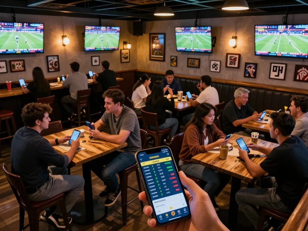 Engaging scene of patrons using mobile devices to place bets, exploring tin soi kèo updates at a lively sports bar.