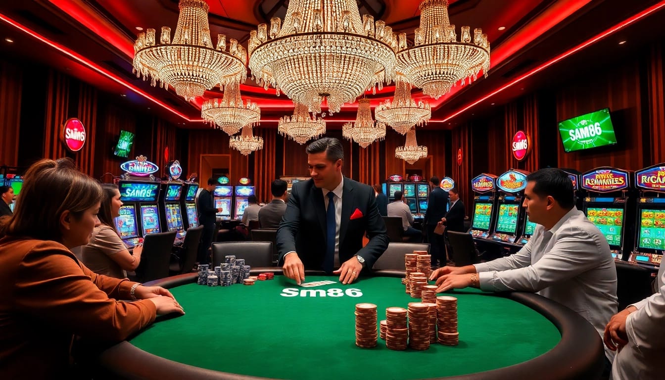 Sam86 casino table with vibrant poker action and colorful chips enhancing the gambling experience.