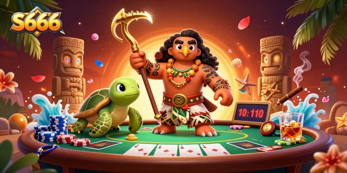 S666 showcases a vibrant scene with a demigod and turtle amidst poker elements and glowing tiki statues.