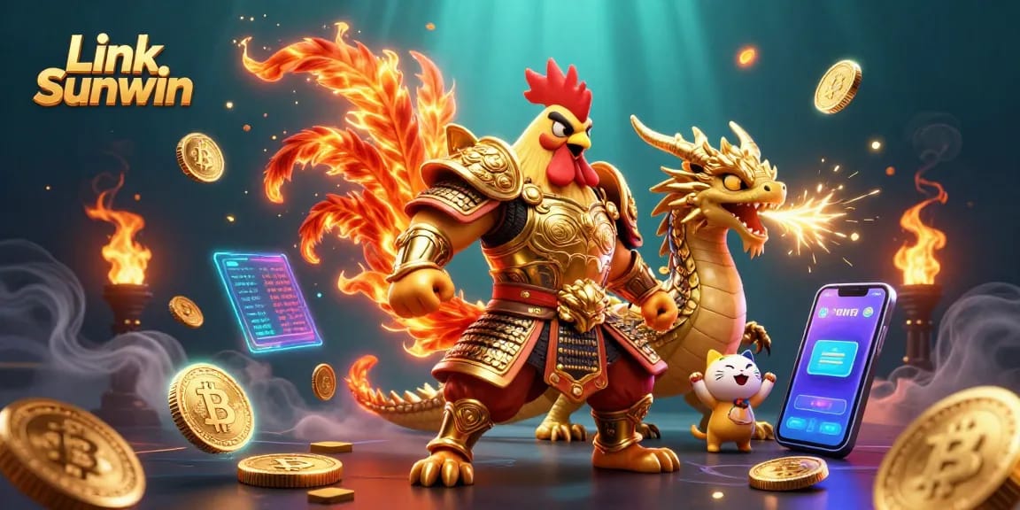 Experience thrilling wins with Link Sunwin in this vibrant 3D illustration depicting exciting gaming elements and characters.